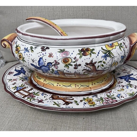 Vtg Holu Ceramic Pottery Portugal Large Tureen Underplate & Ladle Hand Painted - Picture 2 of 16